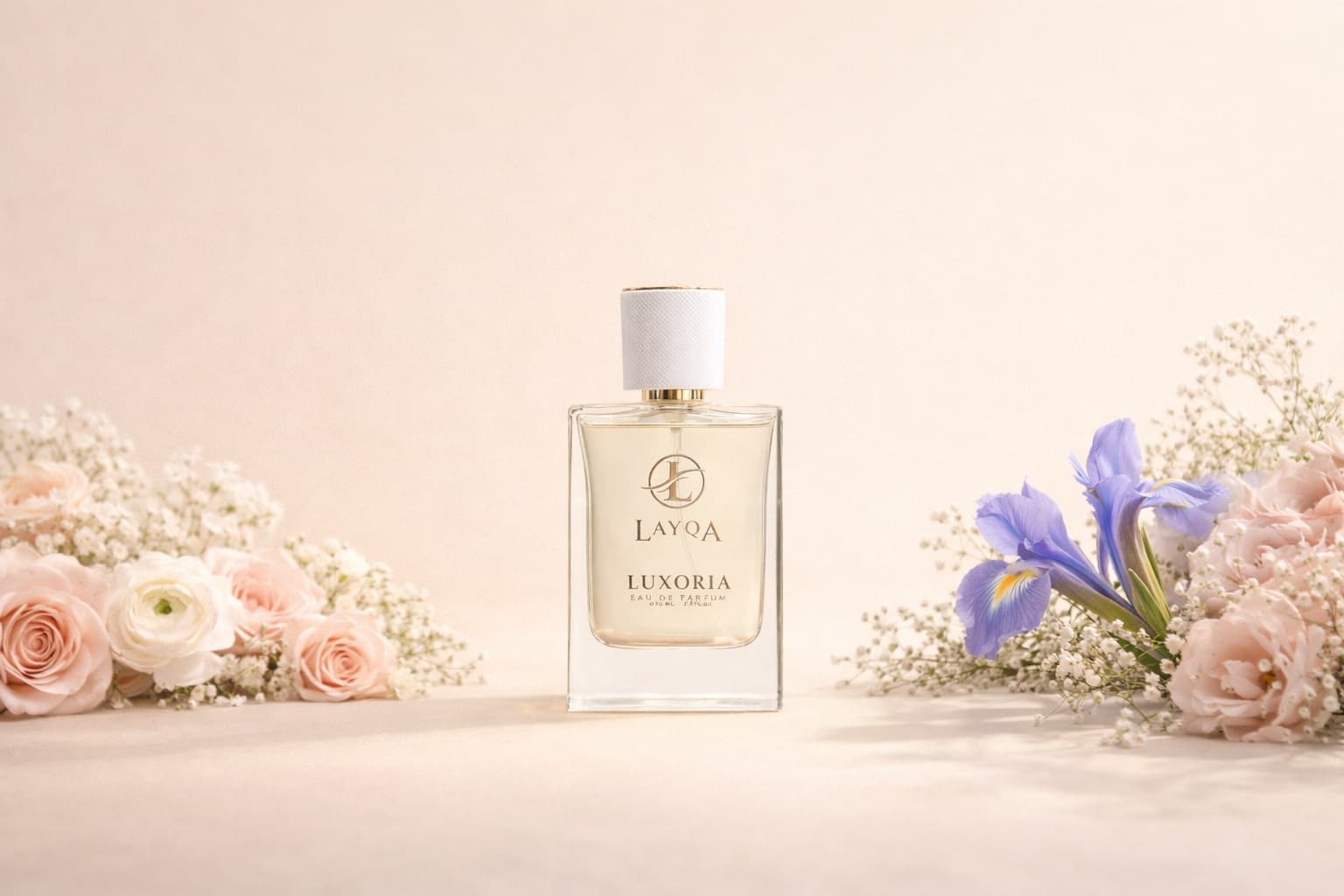 Aerial view of a perfume bottle with soft lighting.